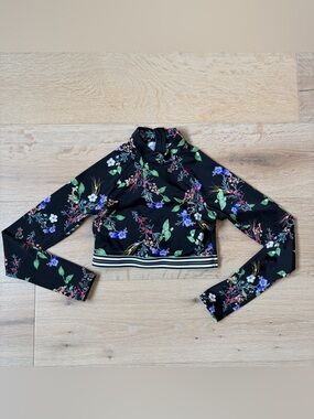 Athleta Floral Crop Rash Guard XS Black Long Sleeve Swim Athletic Top*V3